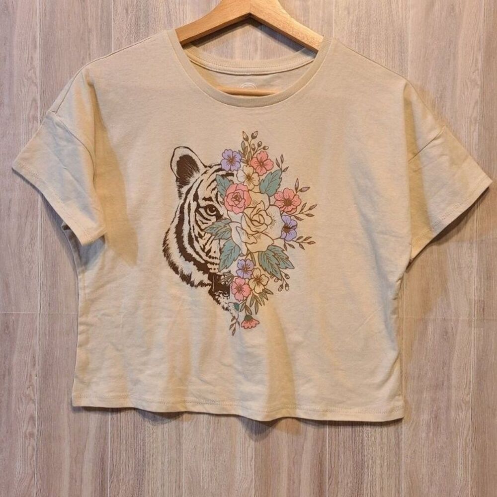Wonder Nation Girls L 10-12 Crop T-Shirt Cream Ivory Floral Tiger Short Sleeve
